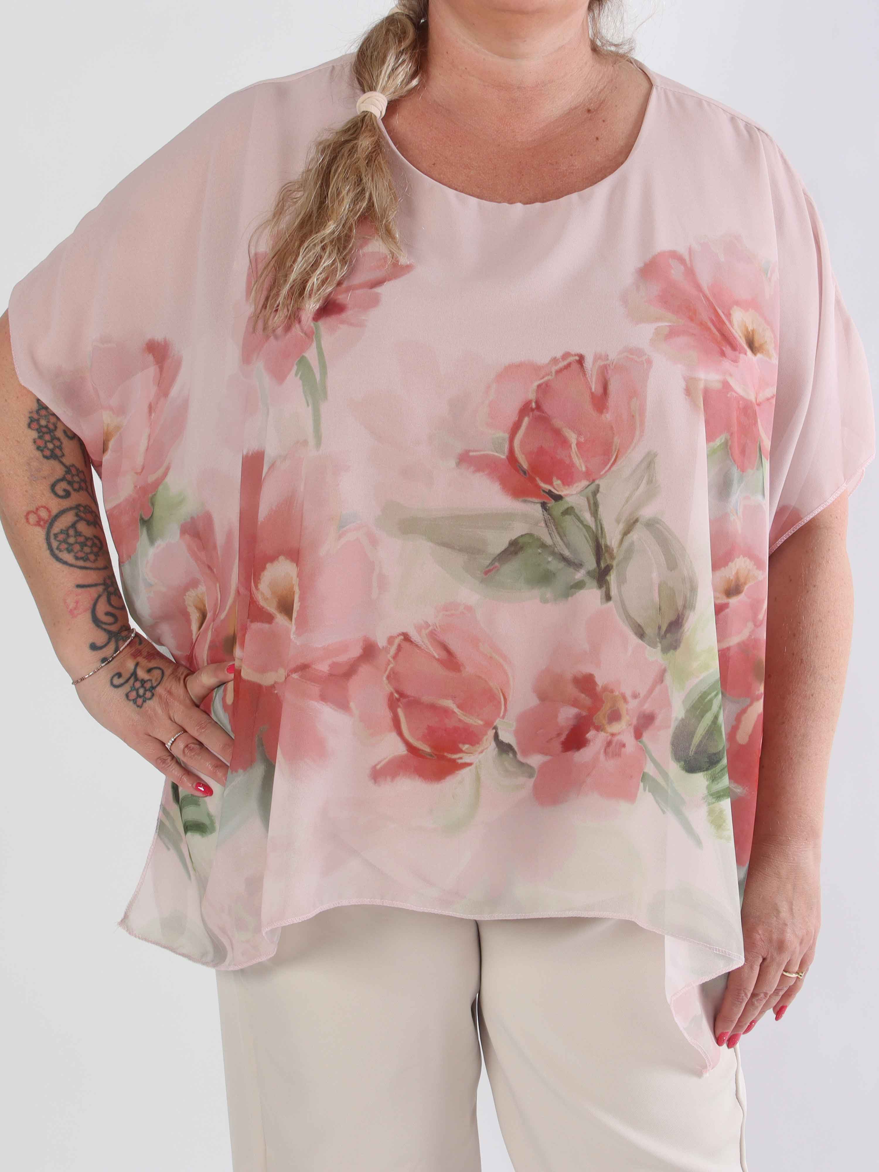 Mirabella Shirt - Plus size-tunika med löst chiffonglager med blommiga motiv